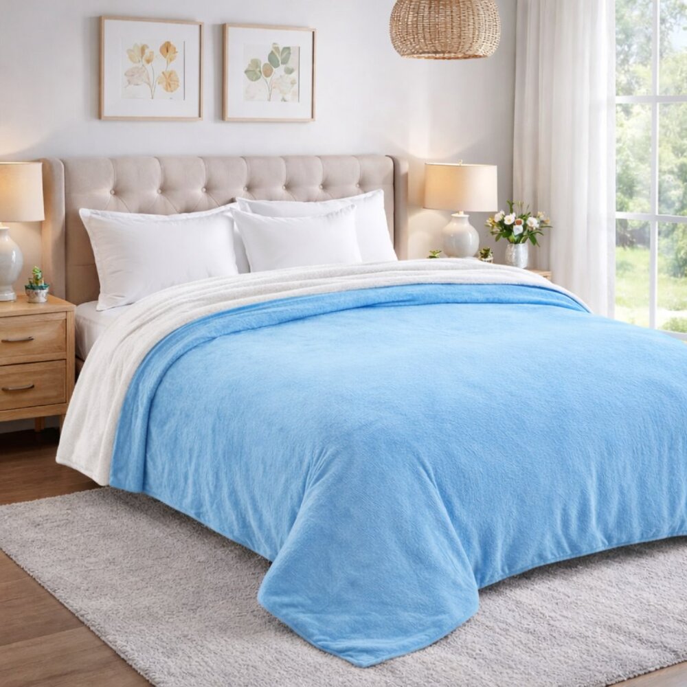 Sherpa Fleece Bed Blanket, Warm & Cozy, Machine Washable, Sky Blue
